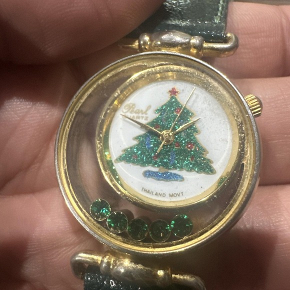 Works Vtg PEARL Christmas Tree Dial Watch Women Quartz Leather NEW BATTERY 30mm - Picture 5 of 9